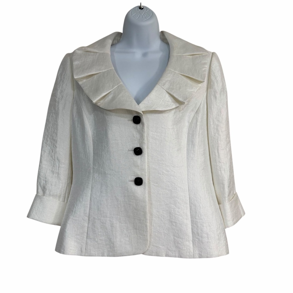 Alex Marie Ivory Blazer Size 12 Ruffle Collar 3/4 Sleeve Jacket Party Churcnh